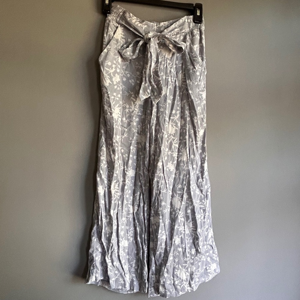 Wilfred Aritzia Floral Wide Leg‎ Pants Blue/Gray White Tie Waist XS